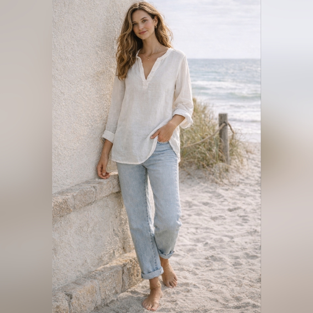 Banana Republic 100% Linen White Tunic Blouse Sz L Y2K Minimalist Coastal Top